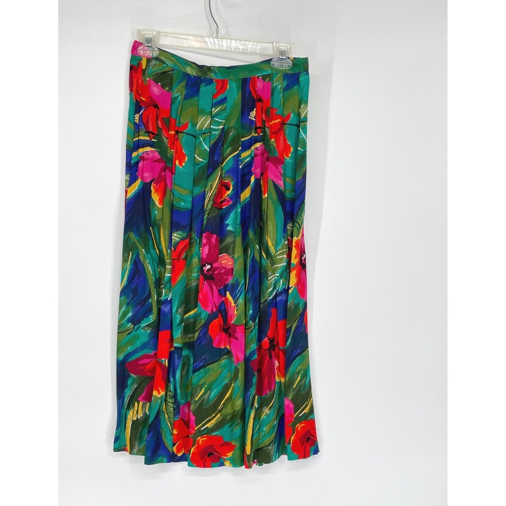 Vtg Alfred Dunner Women Skirt 10 Midi Green Red Tropical Floral Pleated Made USA